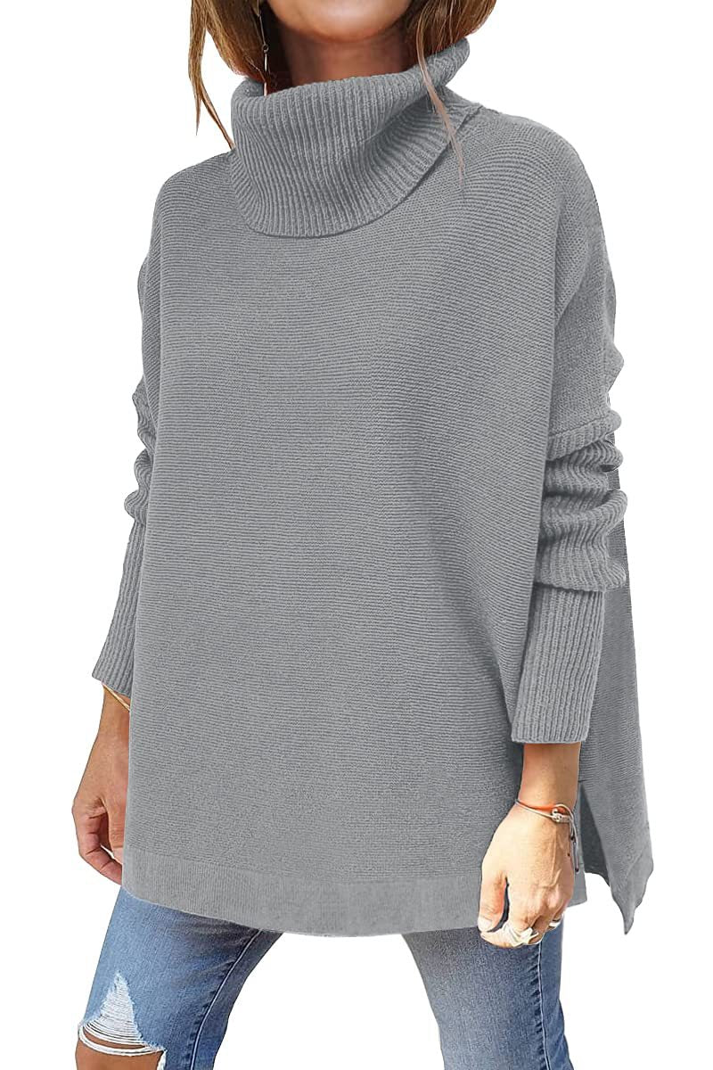 Light gray ribbed knit turtleneck tunic sweater, batwing sleeves, side slit hem