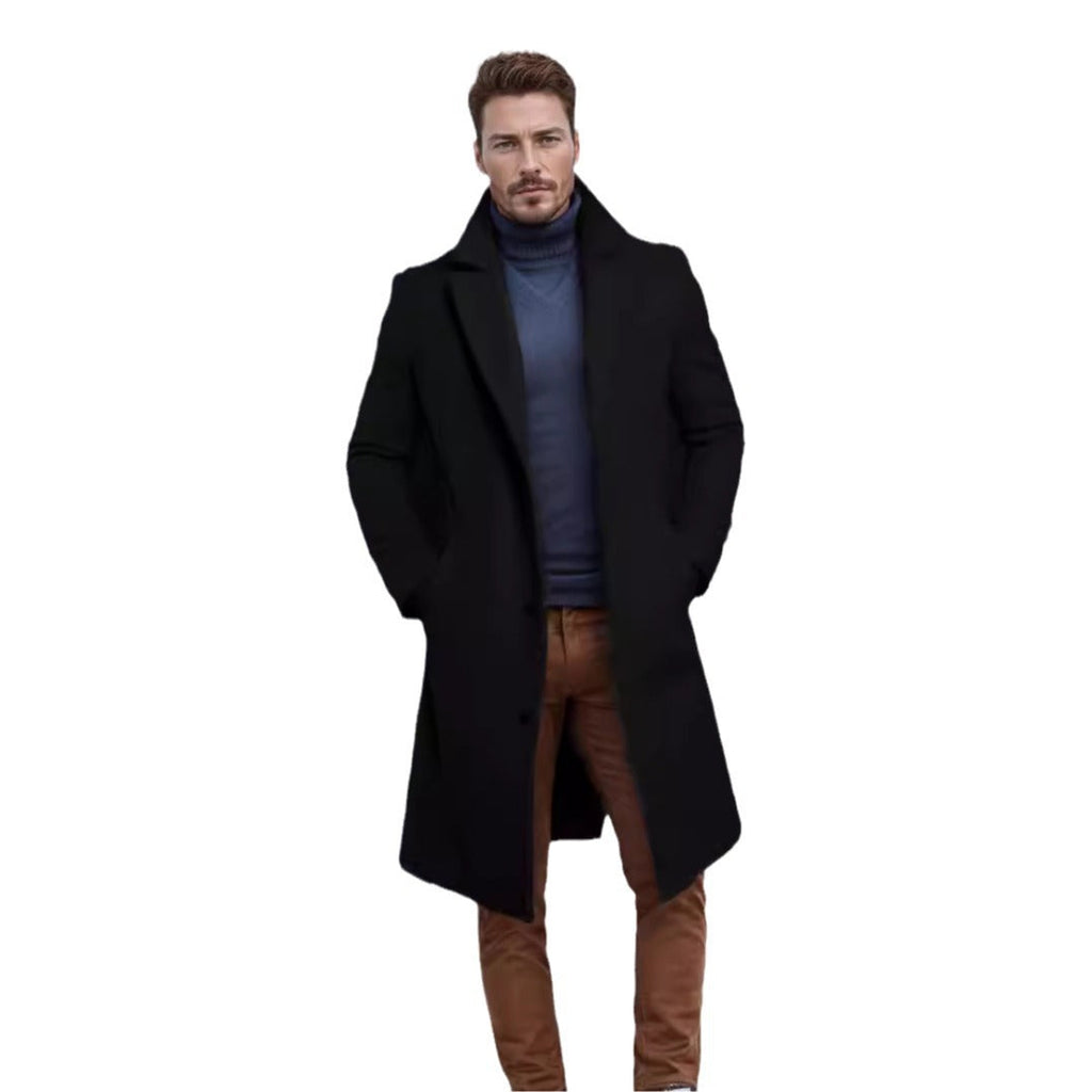 Men's single-breasted long warm coat, black with notch lapels and long sleeves