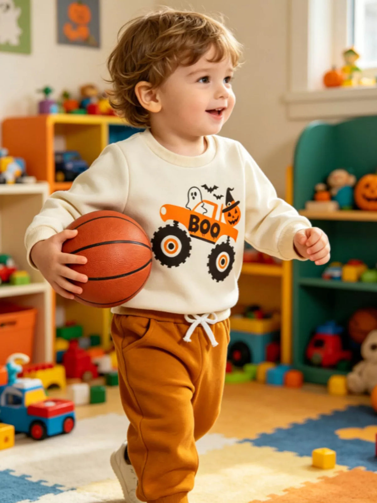 Off-white sweatshirt and brown jogger pants set with monster truck “Boo” graphic, side view