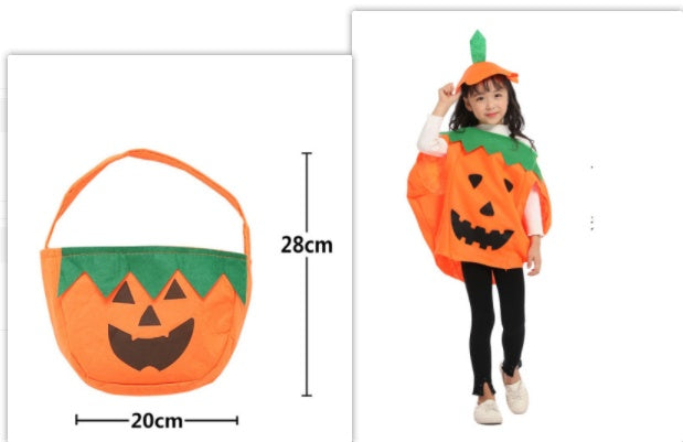Orange pumpkin tote bag with green trim and jack-o-lantern face, 28cm x 20cm