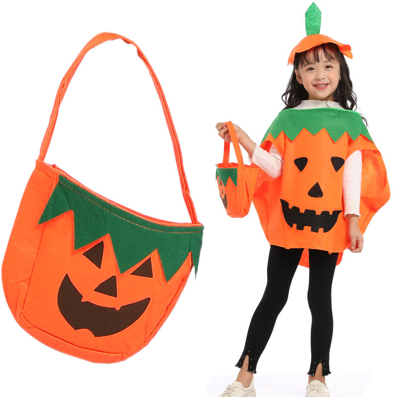 Child pumpkin costume poncho with jack-o-lantern face plus orange pumpkin tote bag