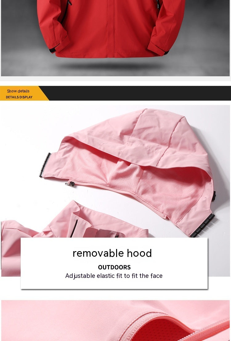 Men's pink waterproof jacket detail, removable hood and adjustable elastic for face fit.