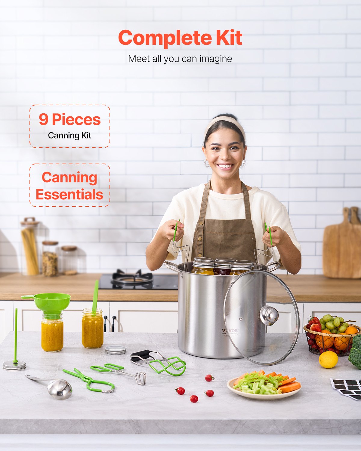 9-piece canning starter kit with stainless pot, green tools, and jar accessories