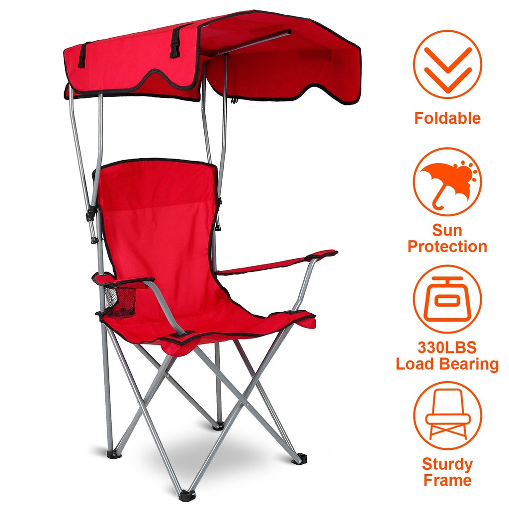 Red foldable beach chair with sun canopy, cup holder, and sturdy steel frame