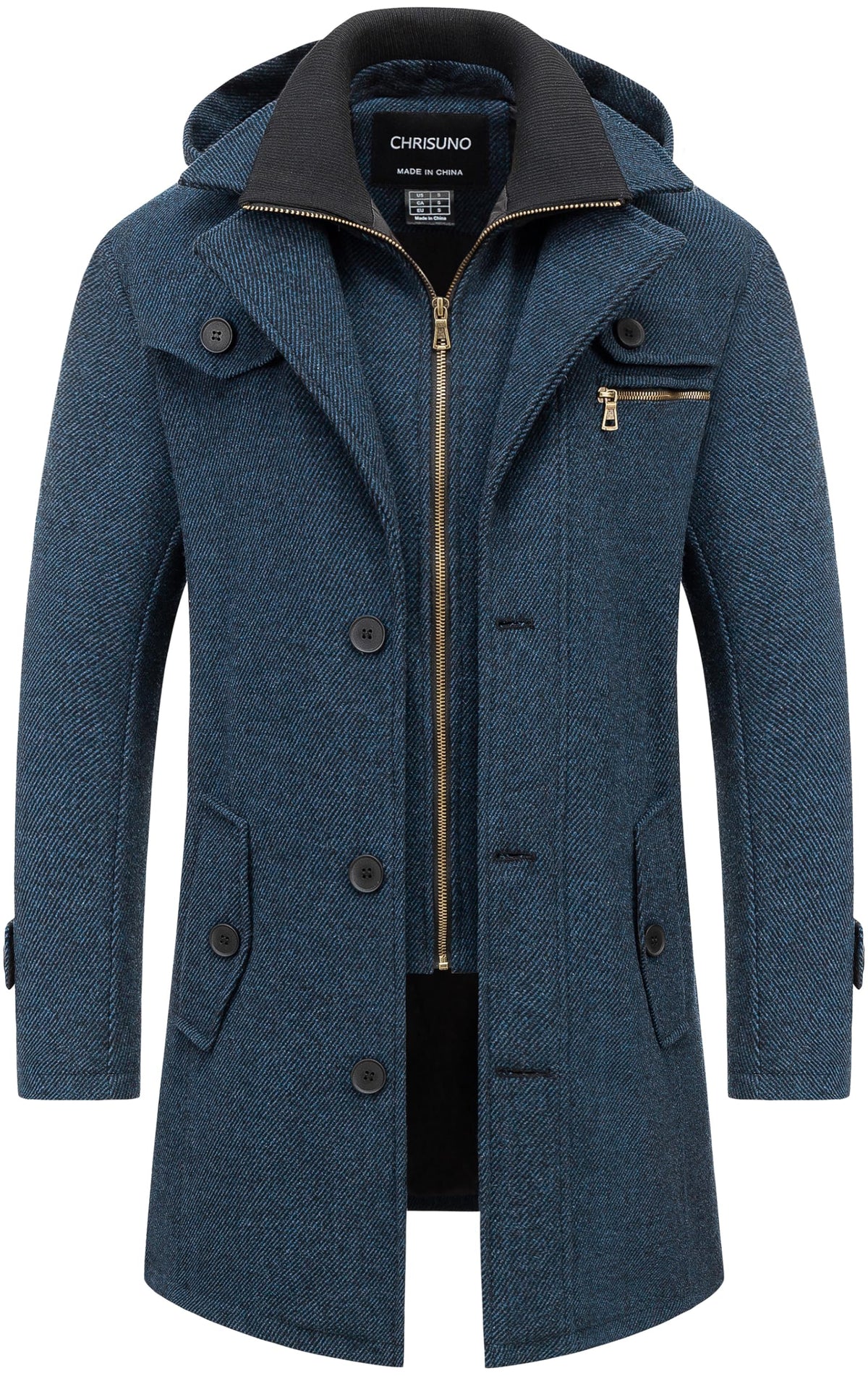 Navy men's long single-breasted overcoat with two side flap pockets and zip front