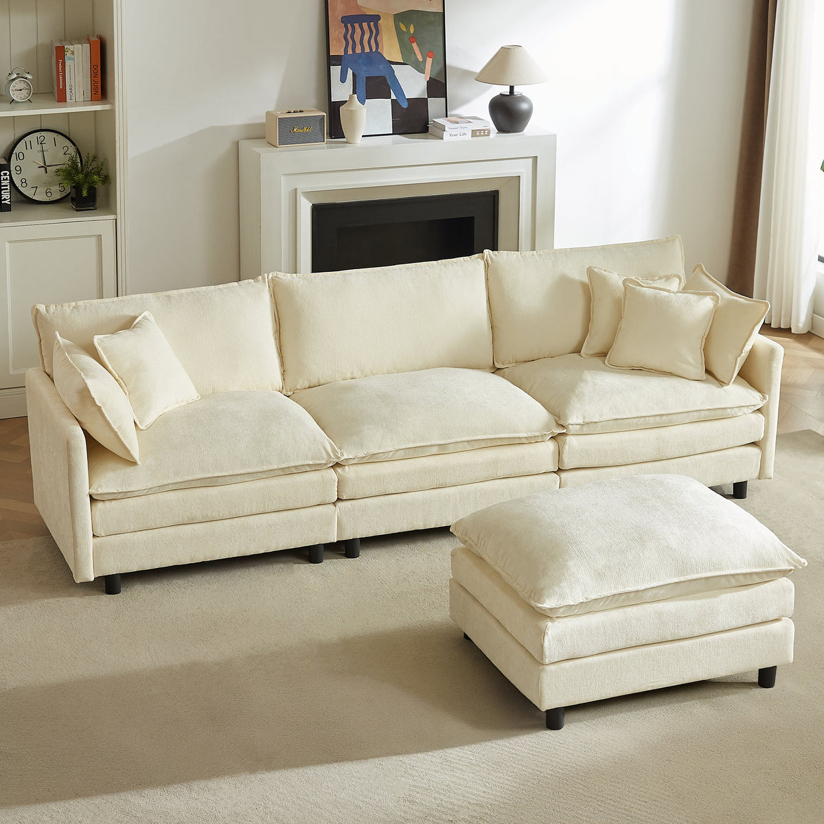 Cream sectional sofa with ottoman footrest and five throw pillows
