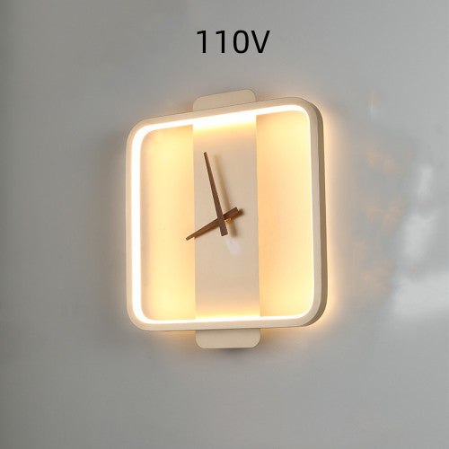 110V square wall lamp with glowing golden frame and clock hands decor