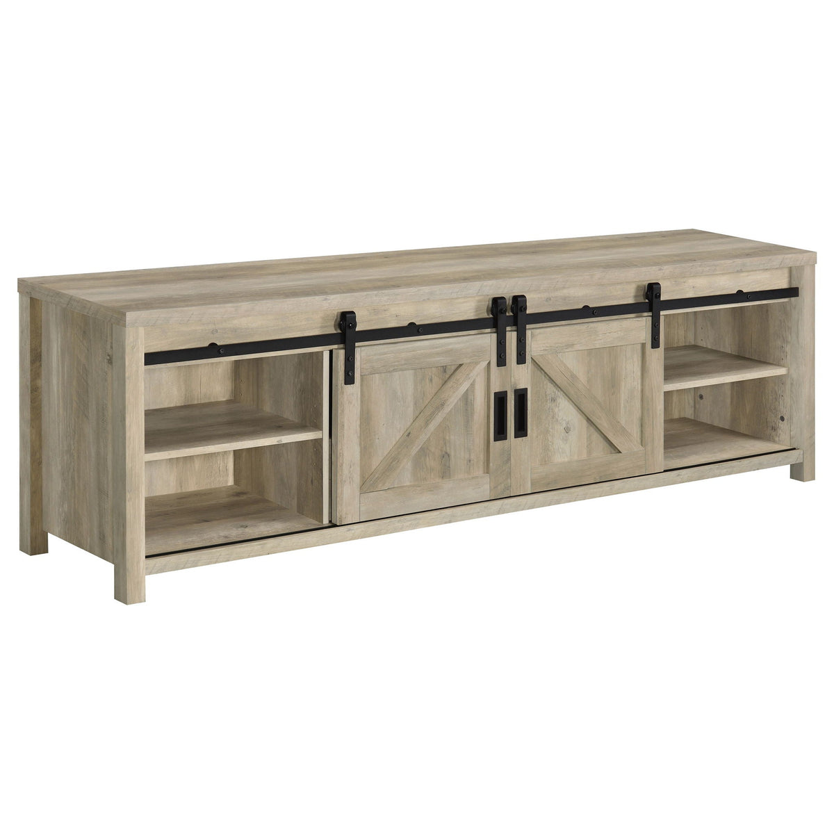 Distressed pine TV stand with open cubby shelves and 2 paneled doors