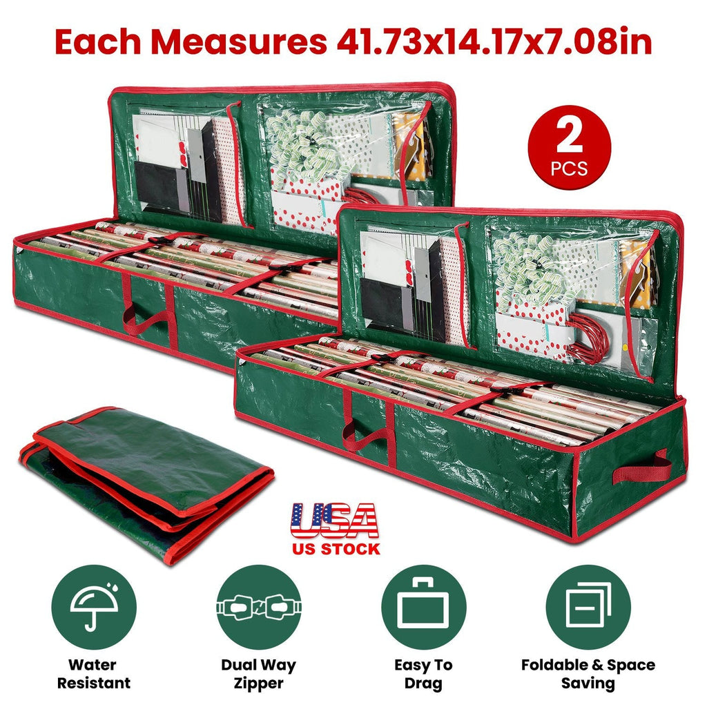 Two green foldable gift wrap organizer boxes with red zipper pocket window and handles