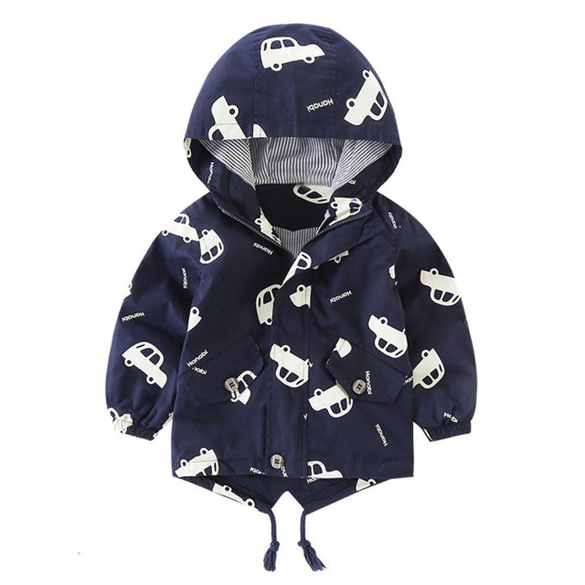 Kids' cotton-padded hooded coat, dark blue with car and animal prints, zipper front