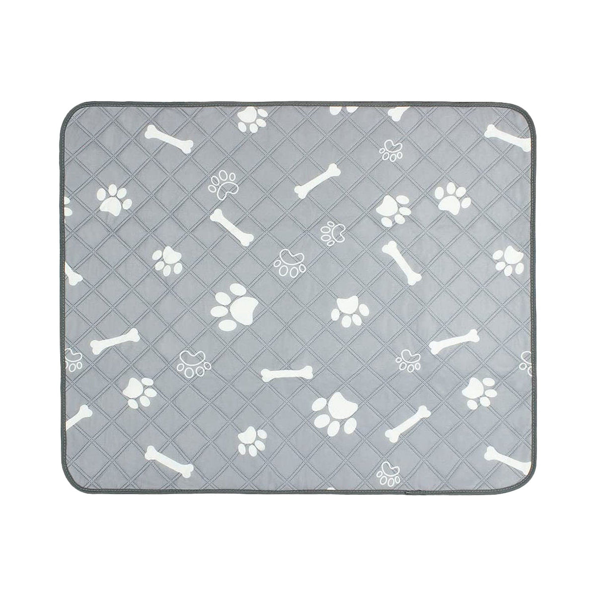 Gray washable pet pee pad with white paw and bone pattern, rounded edges.