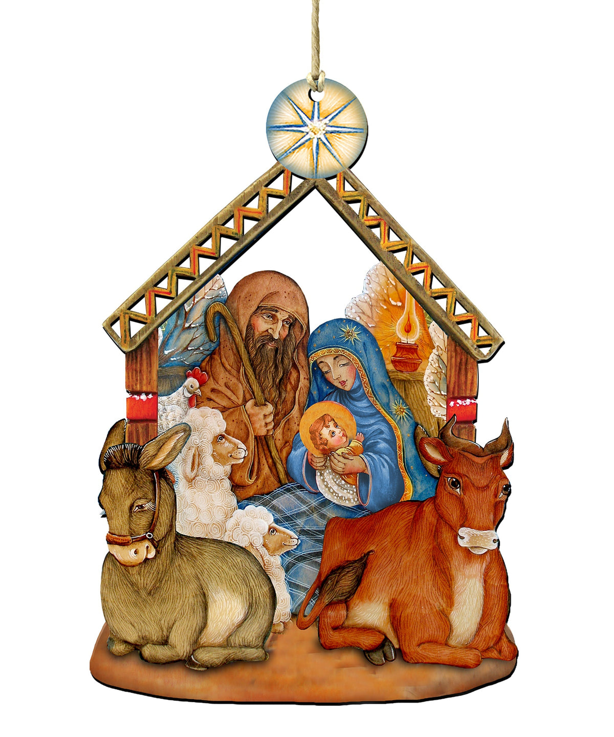 Nativity wooden door decor with hanging loop, manger scene, animals, Mary, and star topper