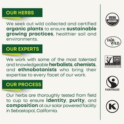 Traditional Medicinals tea carton insert with sustainability sections and certification icons