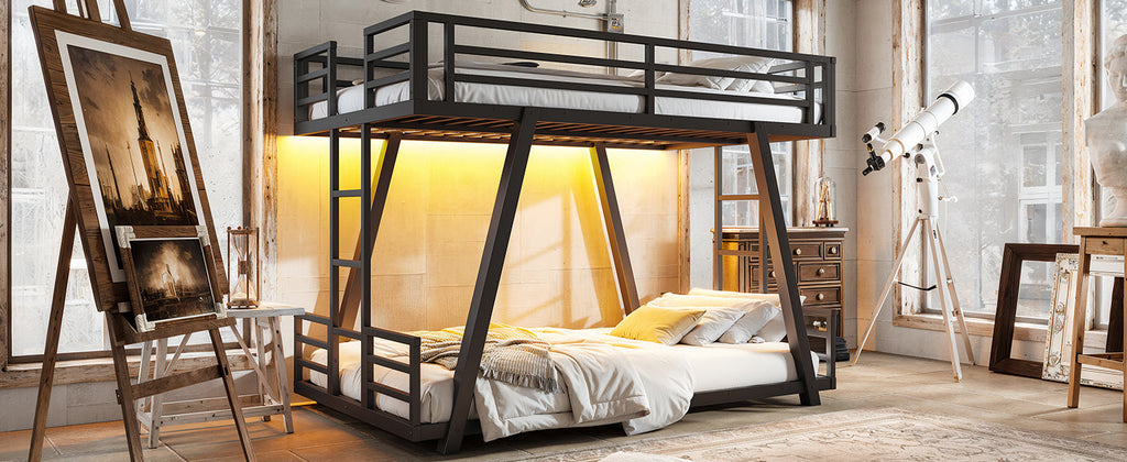 Black metal bunk bed with two twin bunks, guardrails, side ladders and angled support legs