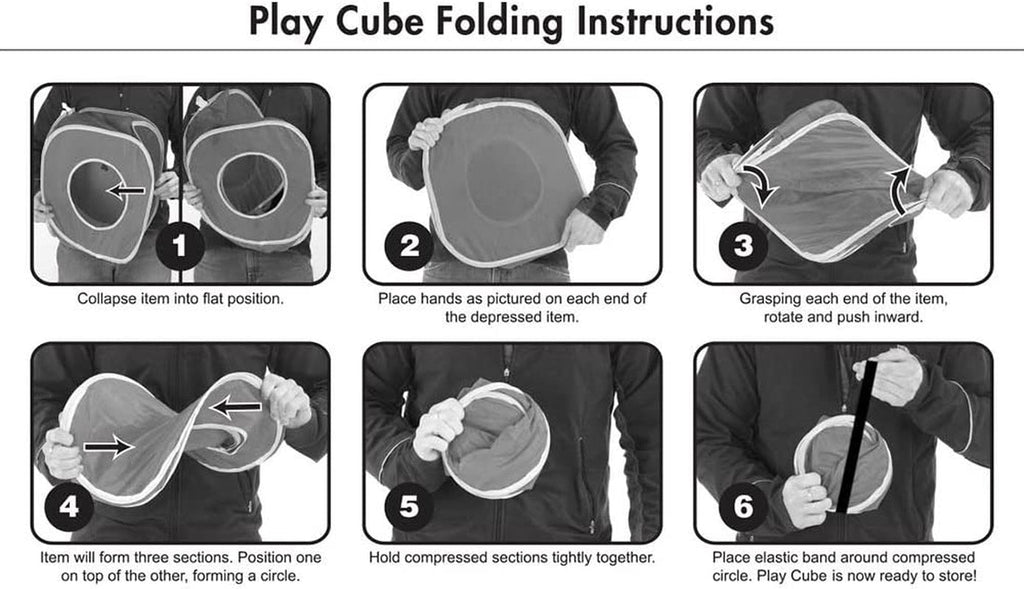 Play cube folding instruction panels showing how to collapse and secure the cube