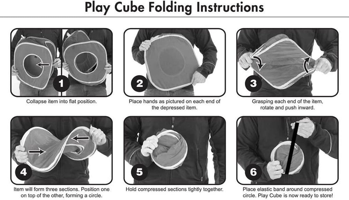 Play cube folding instruction panels showing how to collapse and secure the cube