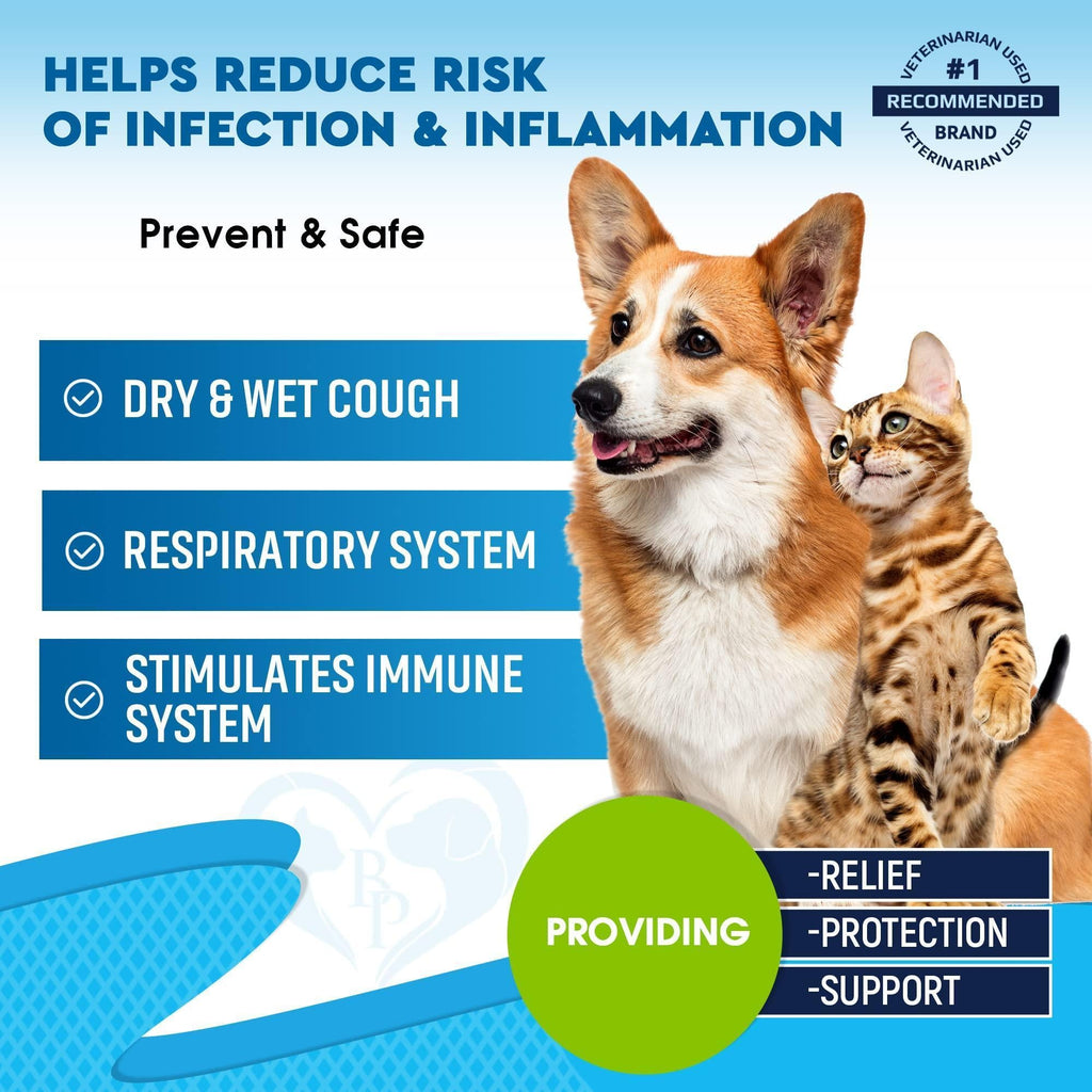 Pet cough relief supplement with dog and cat beside feature icons