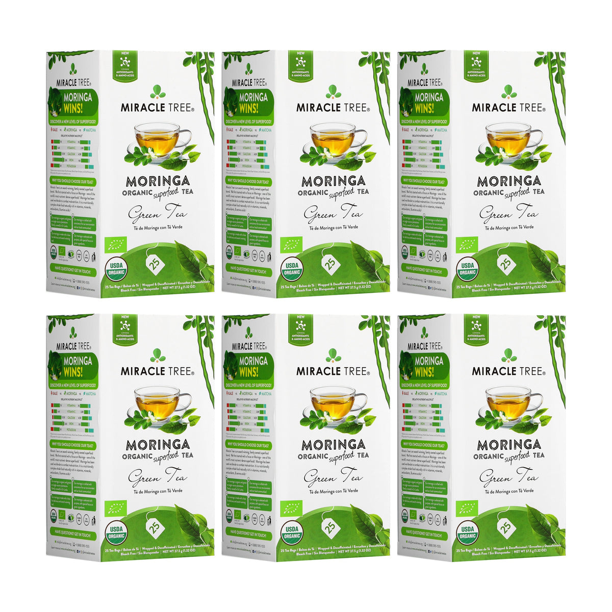 Decaffeinated moringa green tea boxes with green-leaf design, multi-pack set