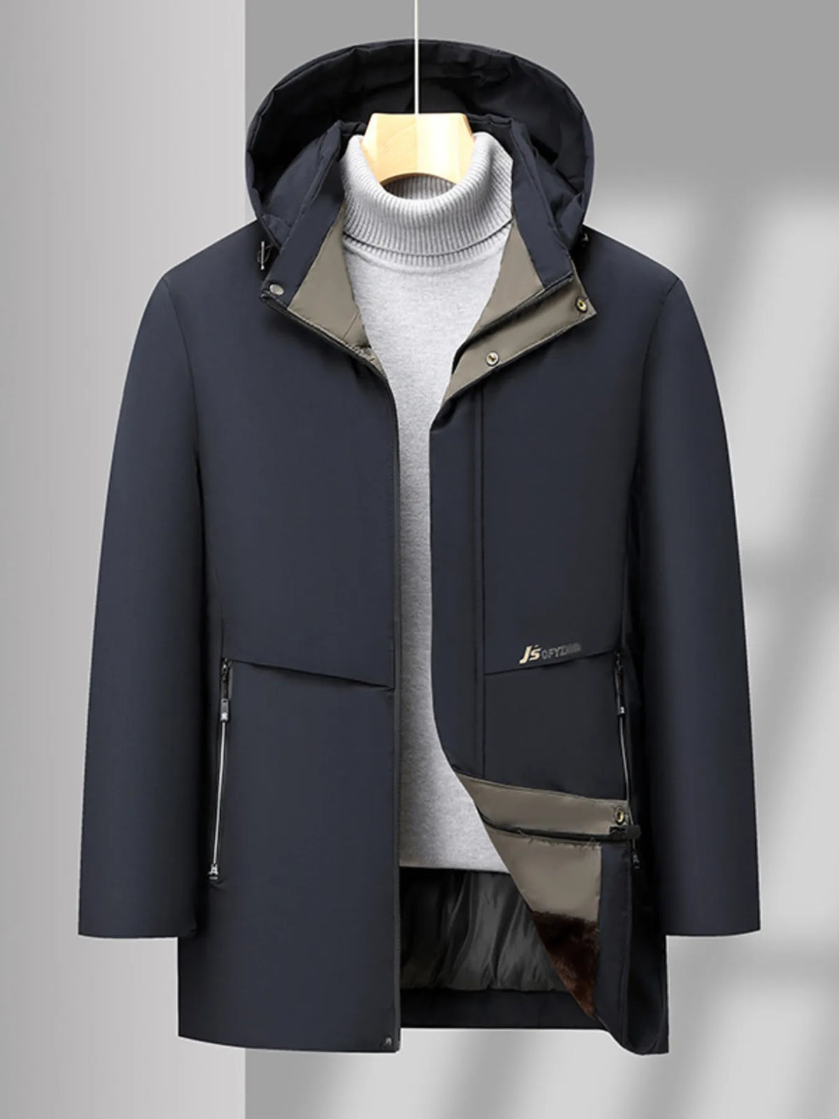 Navy hooded winter coat, zip front, stand collar, thermal lining, side pockets