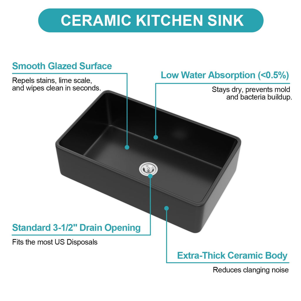Black ceramic kitchen sink single basin with stainless drain opening and strainer
