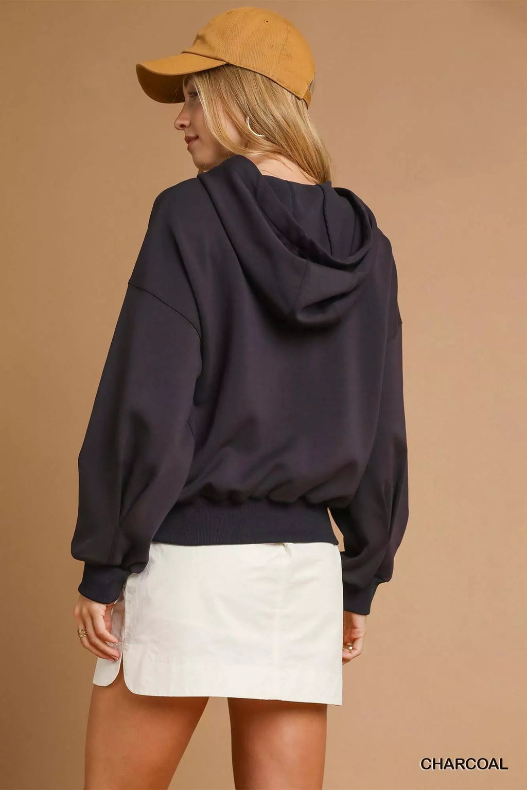 Charcoal hooded zip-up fleece jacket, back view with hood
