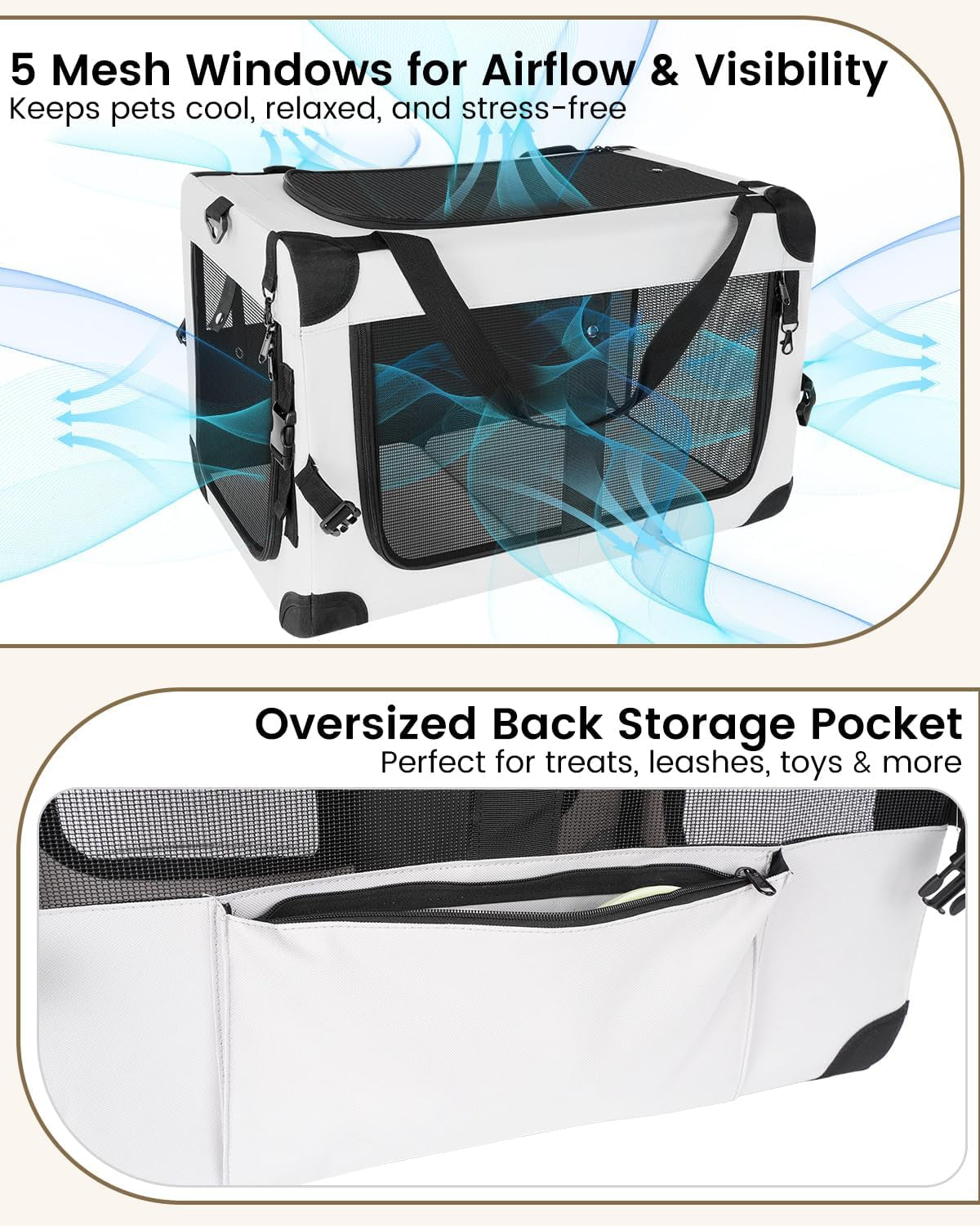 Soft-sided pet carrier with mesh windows and back storage pocket, white and dark gray