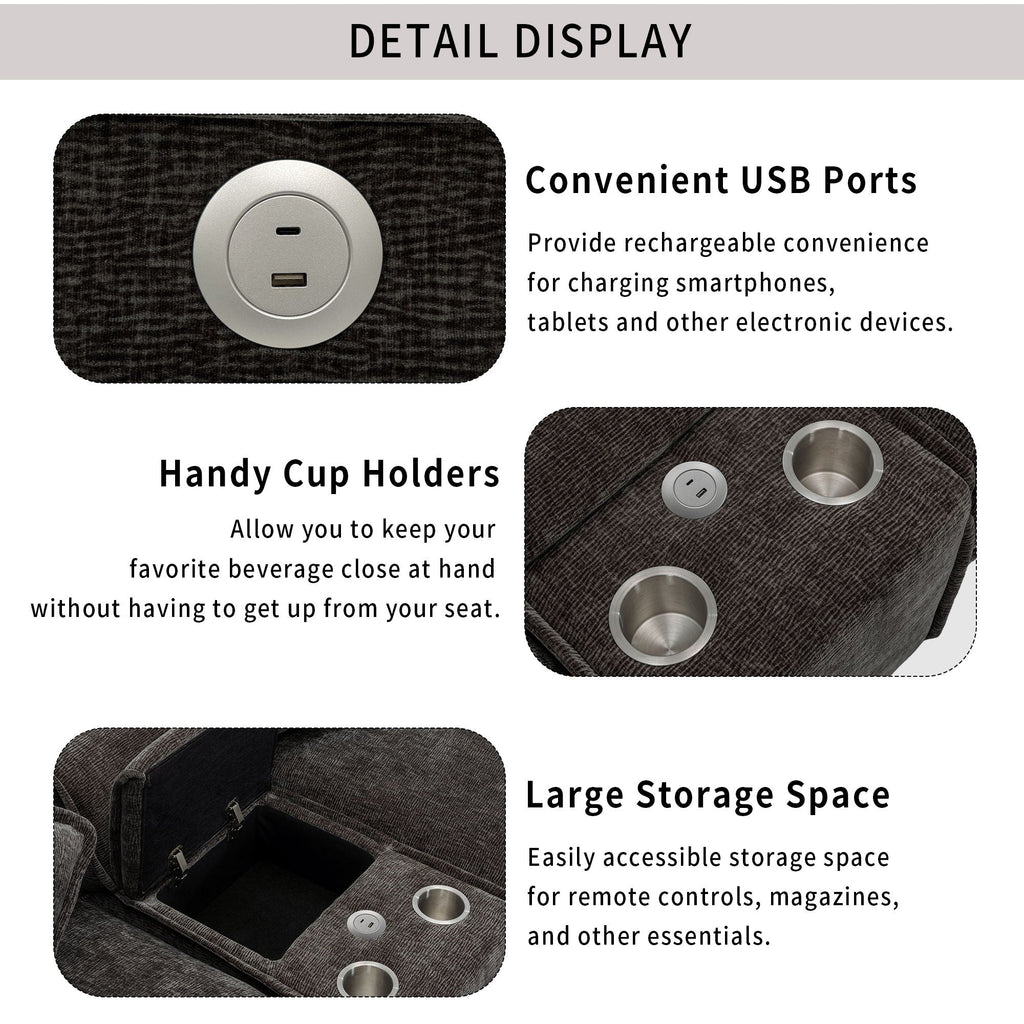 Sectional sofa detail panel showing USB ports, cup holders, and hidden storage