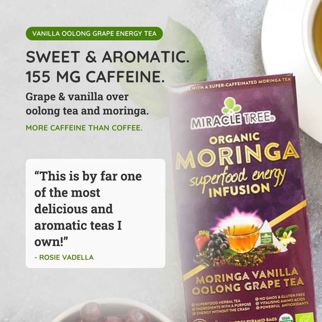 Miracle Tree organic moringa energy tea box with vanilla oolong grape flavor