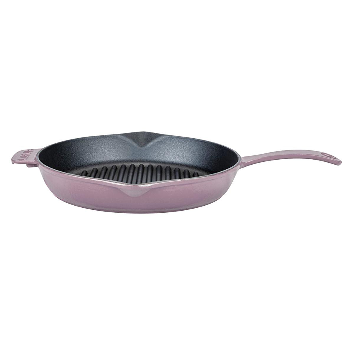 Purple enamel cast iron grill pan, 28 cm round, black ridged interior, two side handles