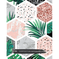 Composition notebook with octagon mosaic cover, tropical leaves and speckled pink/green pattern