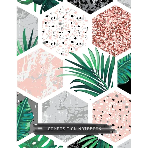 Composition notebook with octagon mosaic cover, tropical leaves and speckled pink/green pattern