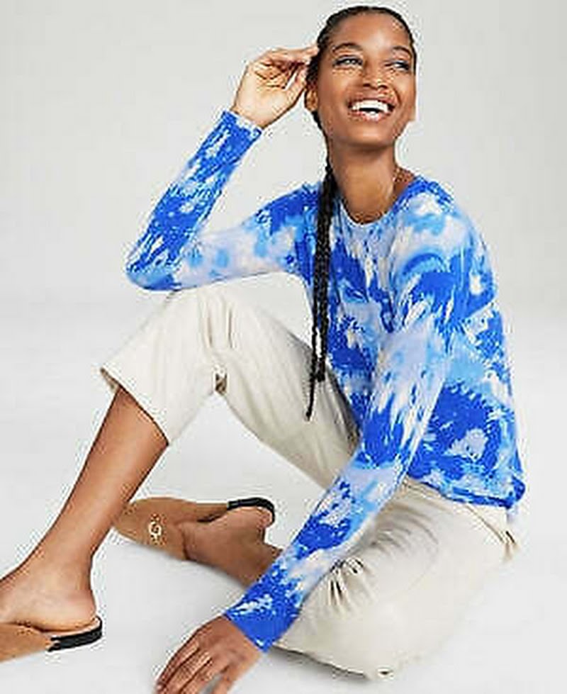 Charter Club cashmere tie-dye crewneck sweater, blue with long sleeves