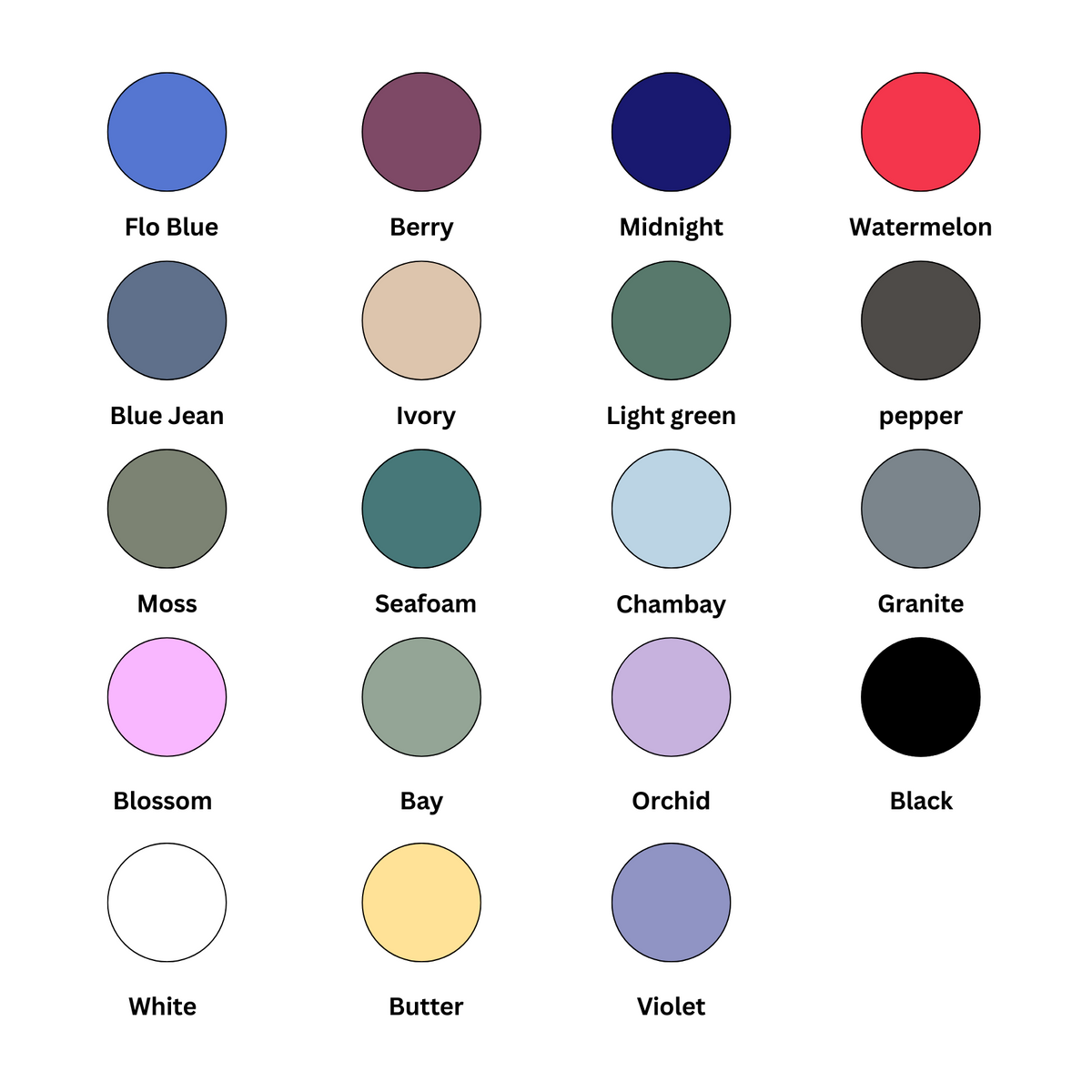 T-shirt color swatches grid: Flo Blue, Berry, Midnight, Watermelon, Blue Jean, Ivory, Pepper