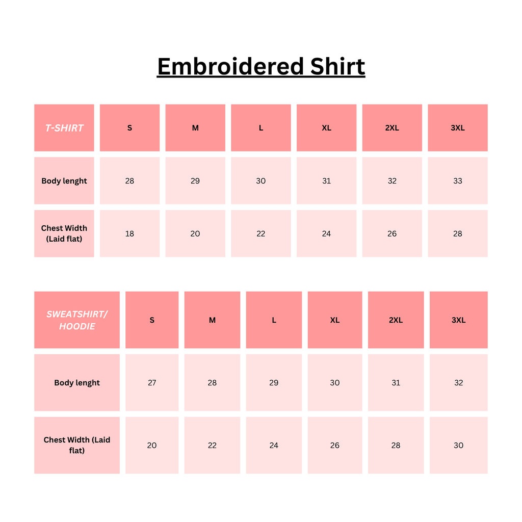 Embroidered shirt size chart with measurements for S to 3XL