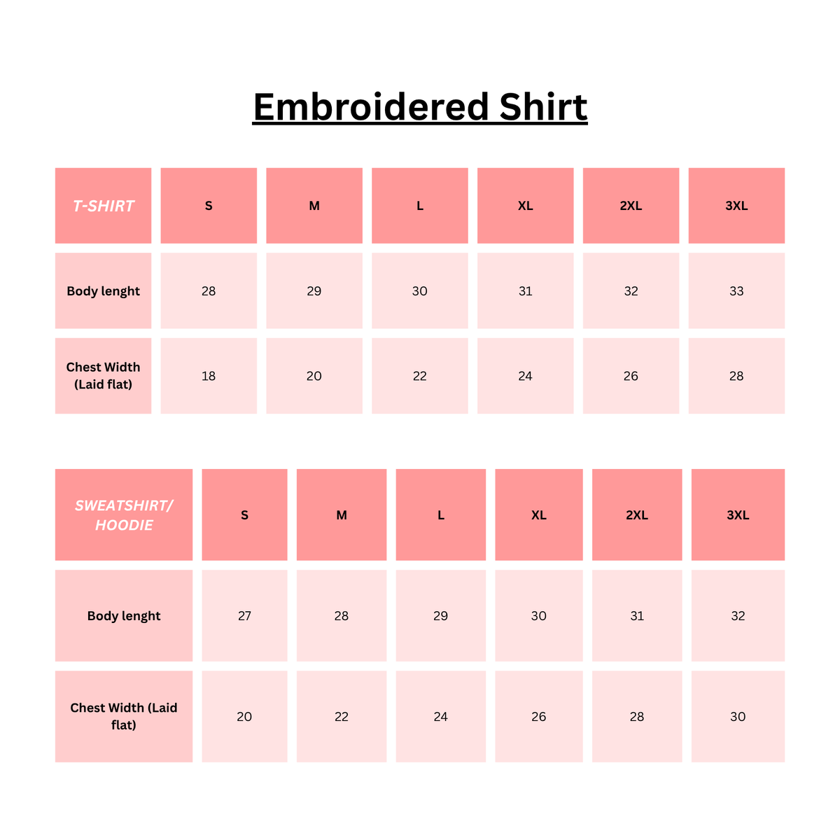 Embroidered shirt size chart with measurements for S to 3XL