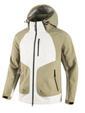 Two-tone waterproof hooded outdoor jacket, khaki and white, front zip, zip pockets