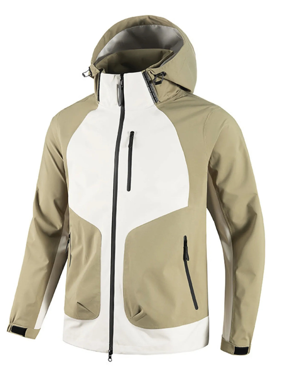 Two-tone waterproof hooded outdoor jacket, khaki and white, front zip, zip pockets