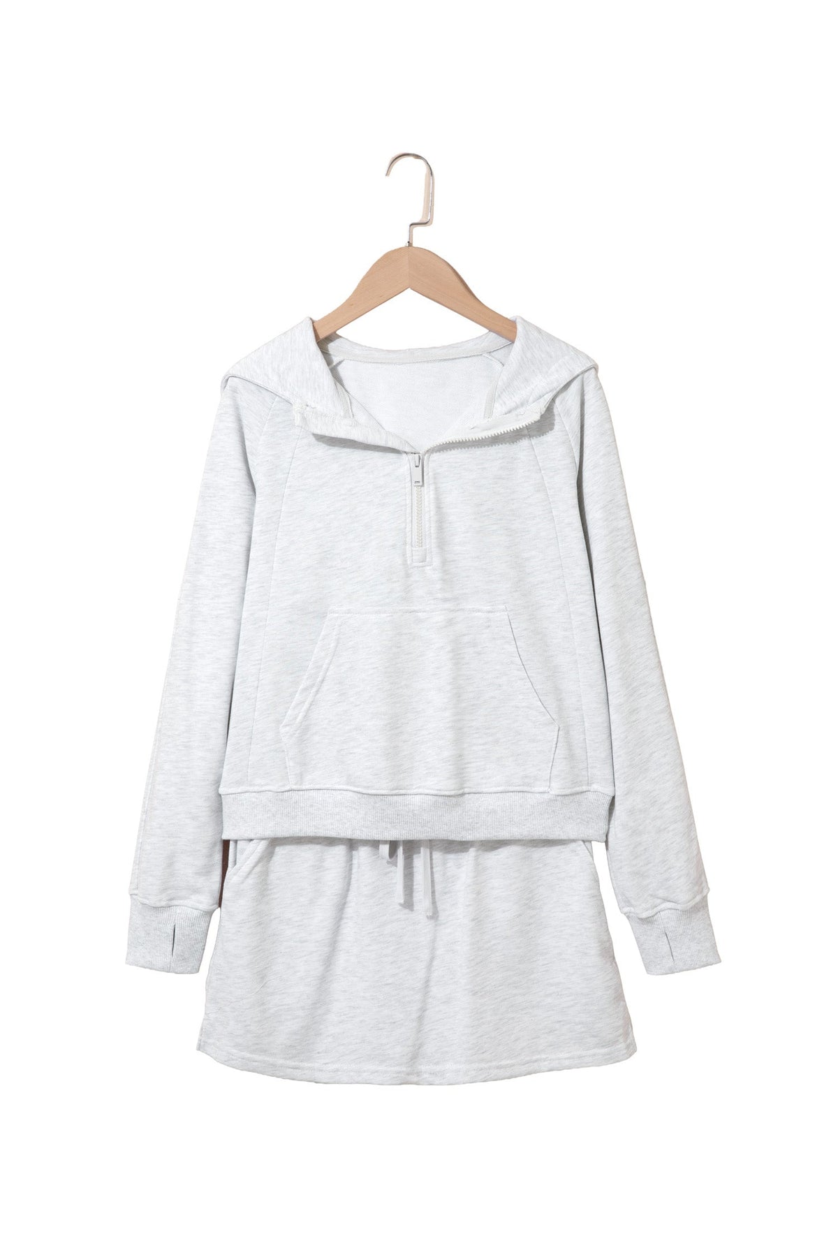 Light grey long-sleeve zip-up top with matching elastic waist skort set.