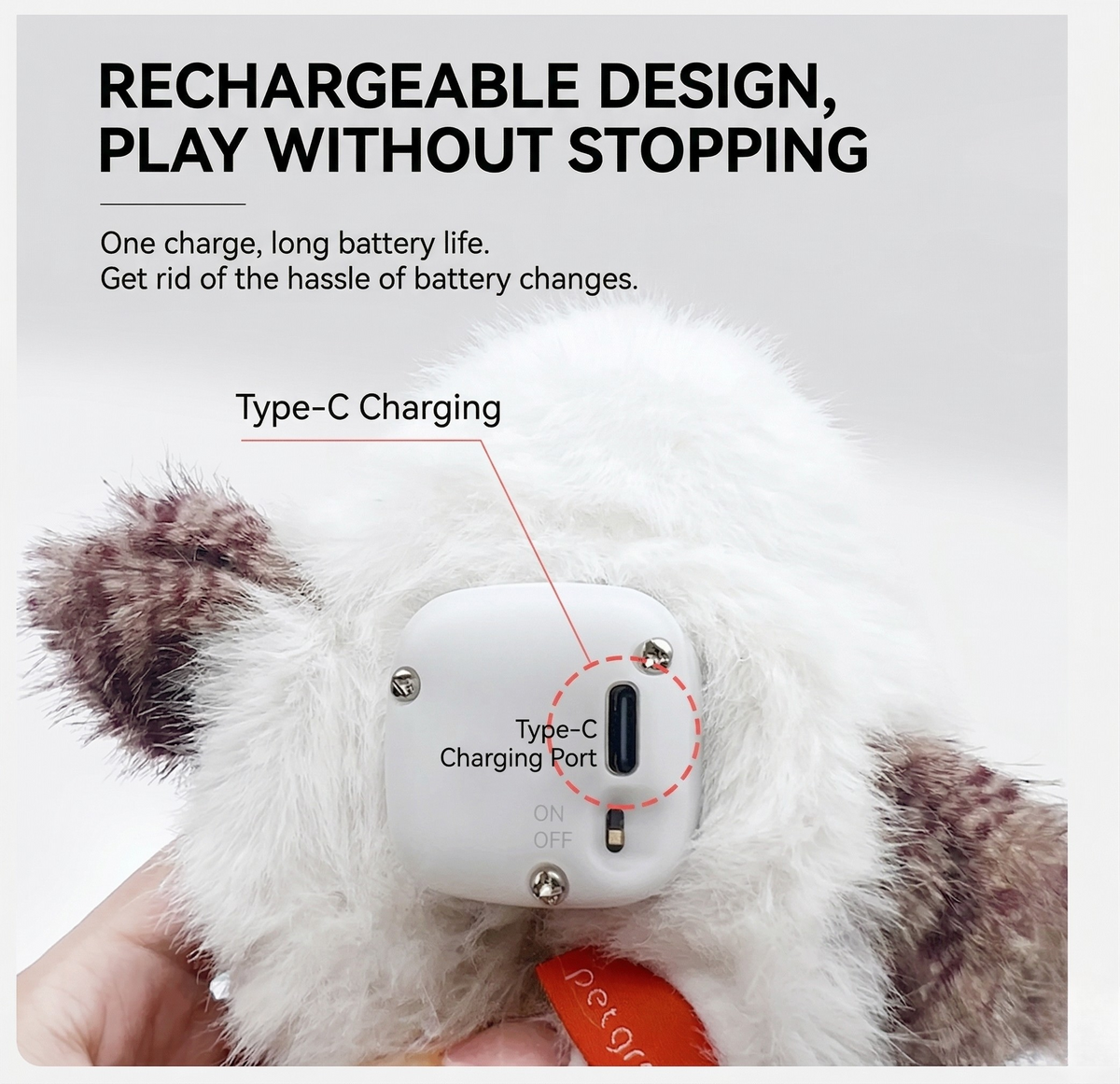 Sparrow-style plush cat toy with Type-C charging port detail