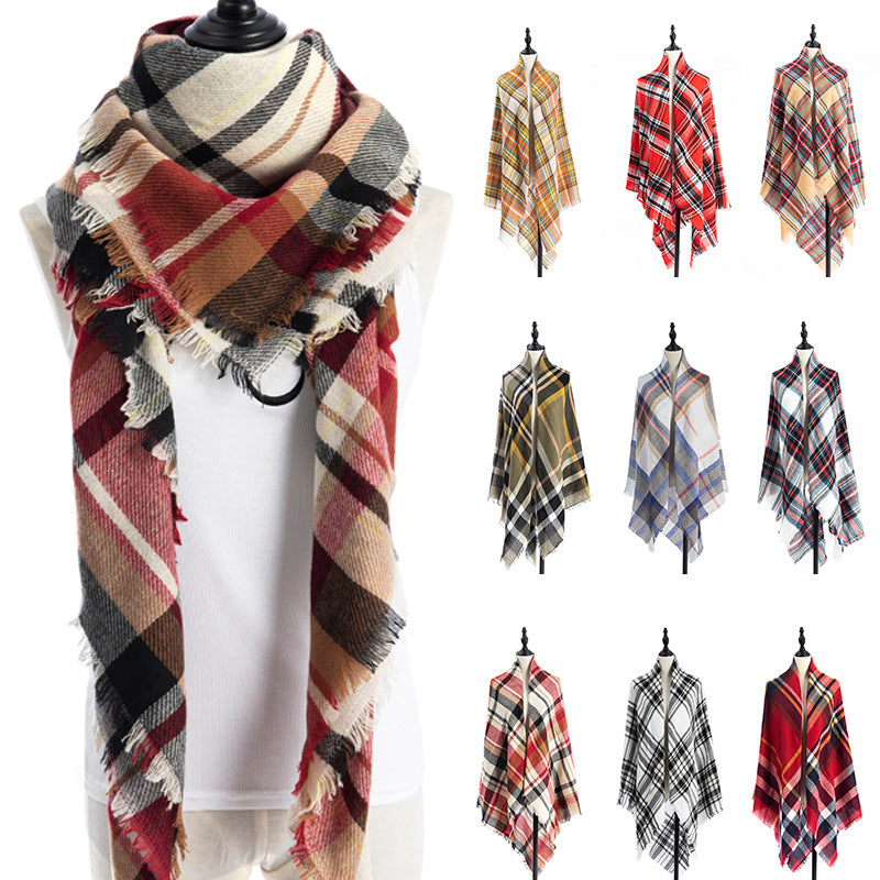 Plaid double-sided scarf shawl with fringe ends in red, black, cream, and gray