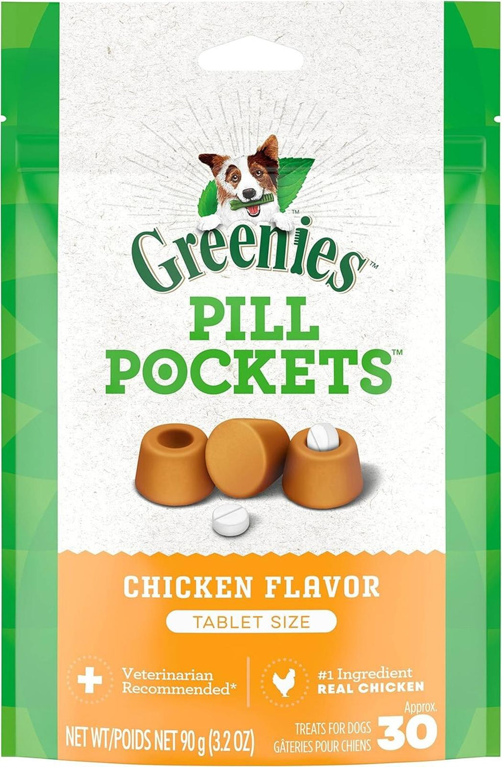 Greenies Pill Pockets chicken flavor tablet-size dog treat pockets, 30-count front pouch