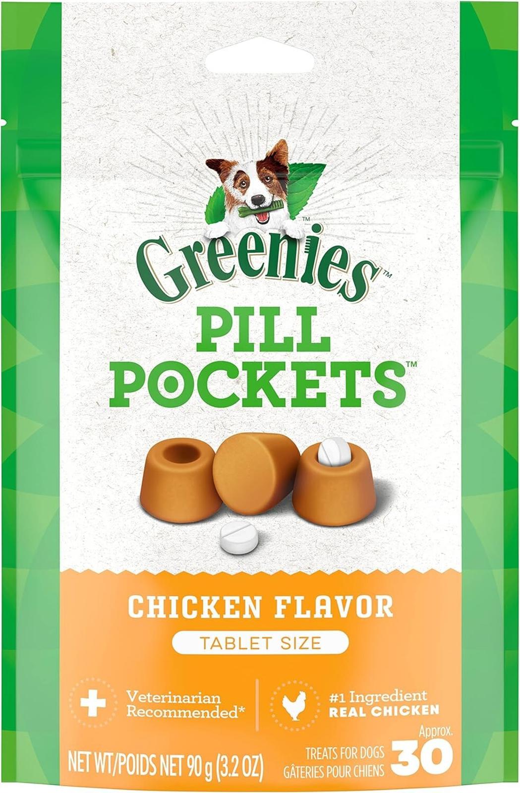 Greenies Pill Pockets chicken flavor tablet-size dog treat pockets, 30-count front pouch