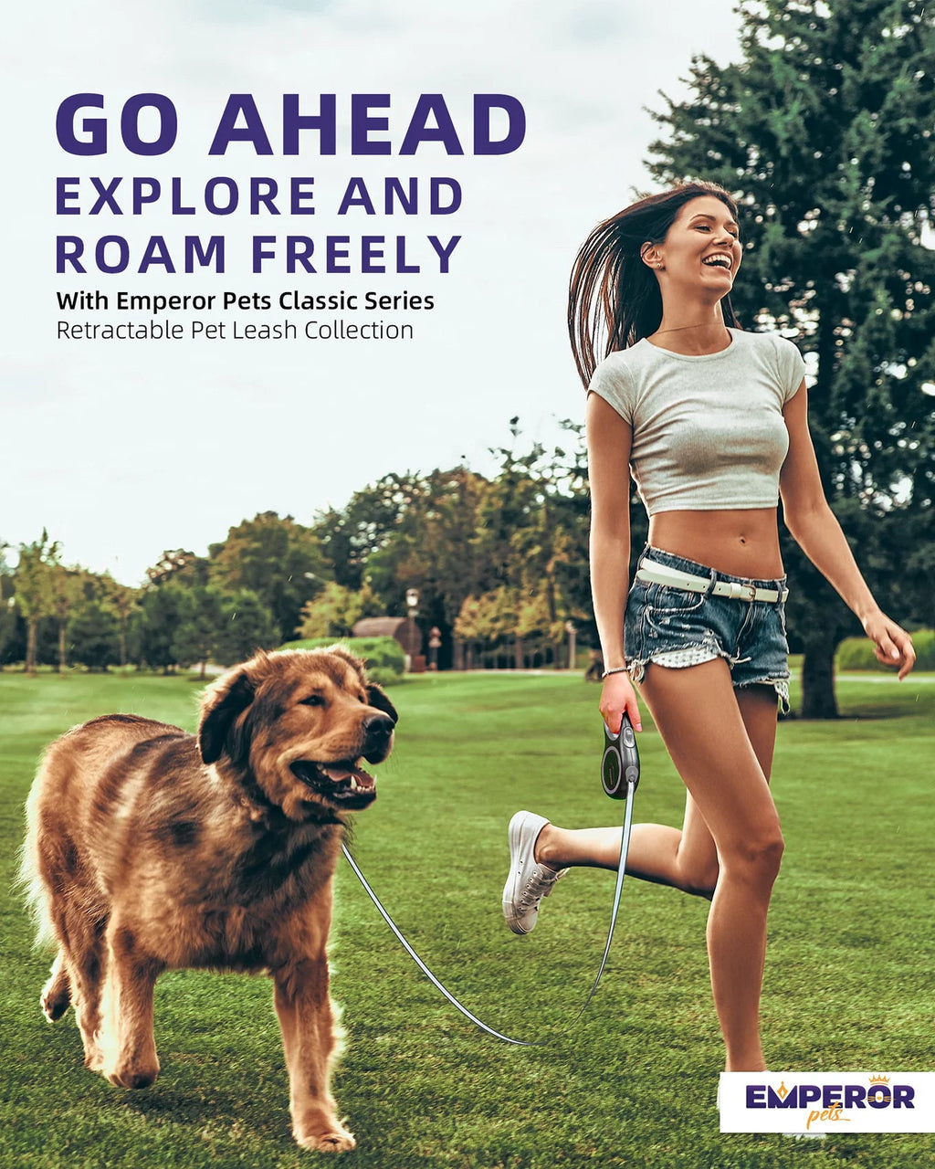 Gray retractable dog leash held by a woman walking a dog on grass