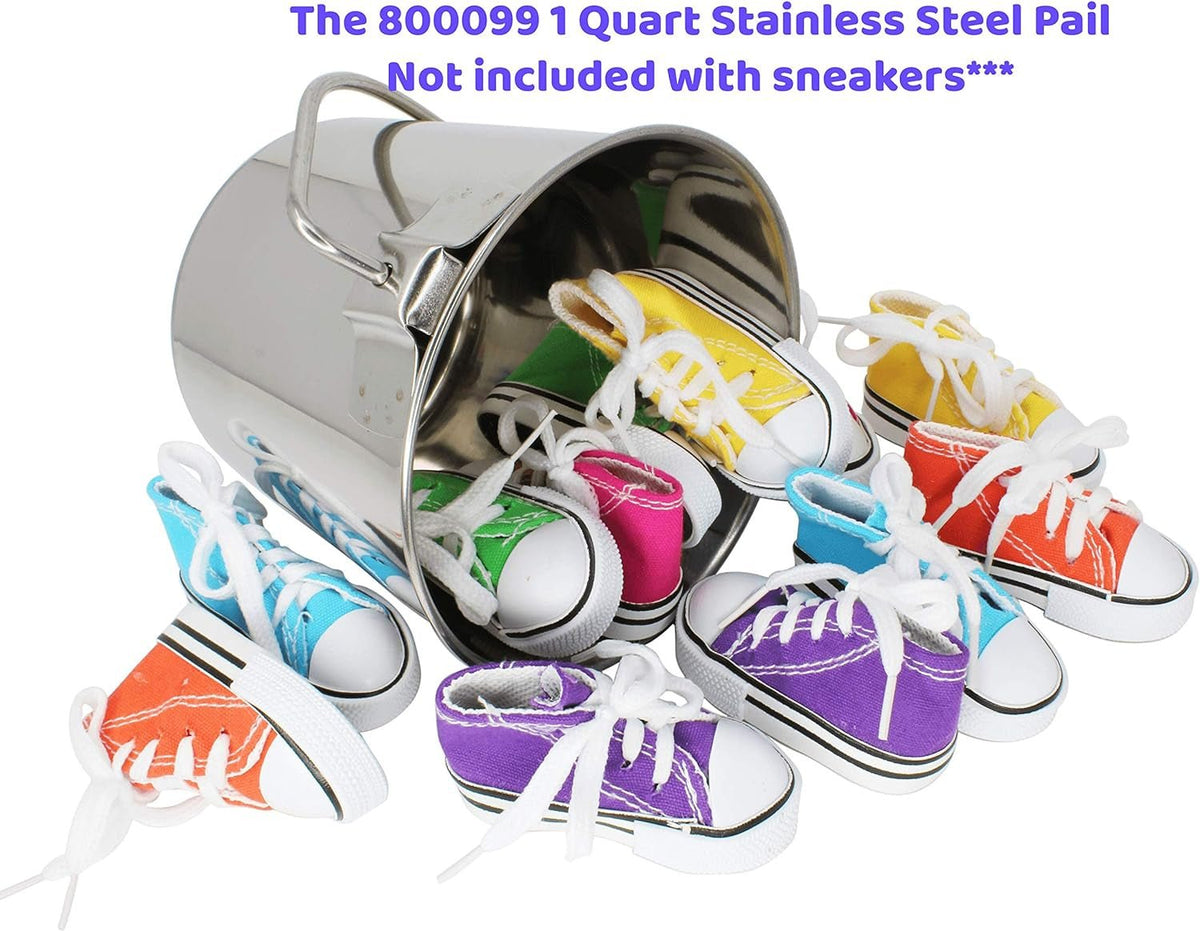 Colorful mini bird sneakers spilling from a stainless steel pail