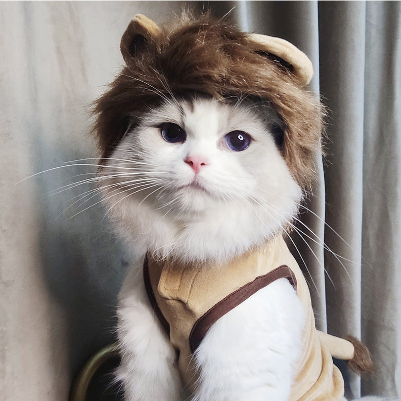 Pet lion costume headpiece with tan hood and brown-trim face opening