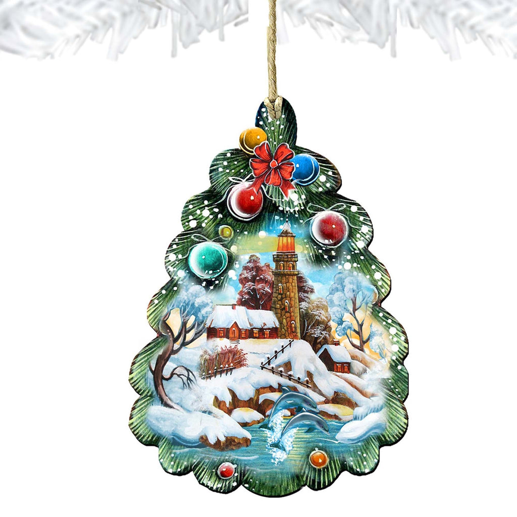 Wooden tree-shaped Christmas ornament with lighthouse artwork and hanging string loop