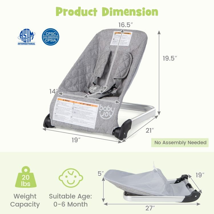Gray baby bouncer seat size and weight capacity diagram with metal base, reclined