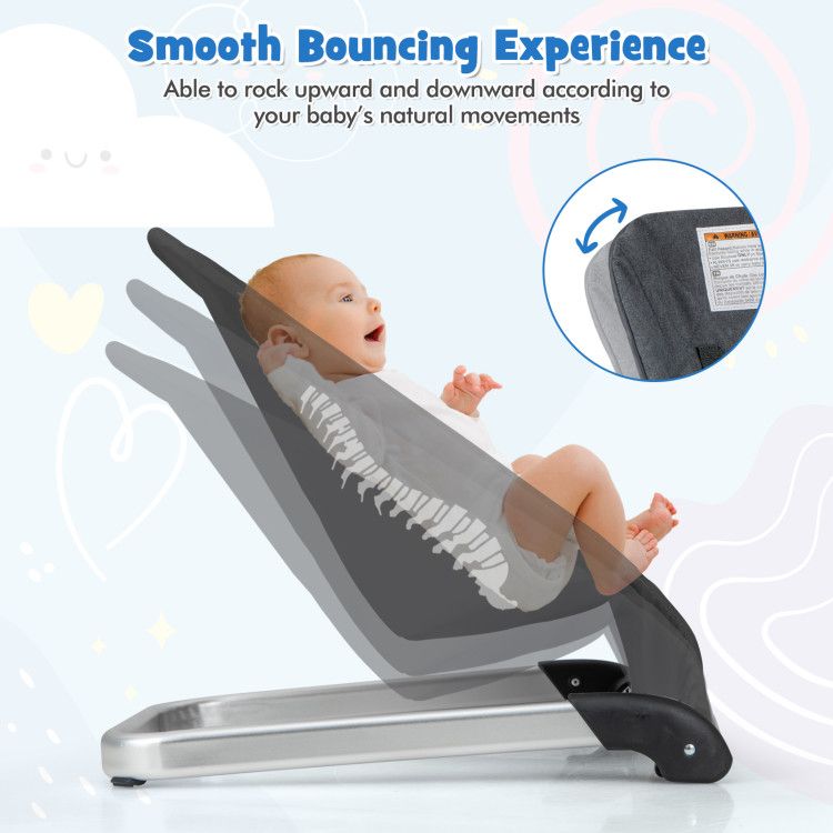 Baby bouncer seat with dark gray fabric sling and metal base, rocking frame