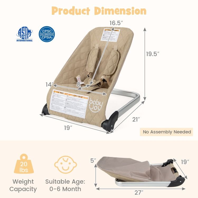Light beige baby bouncer seat with metal frame and black rocker feet