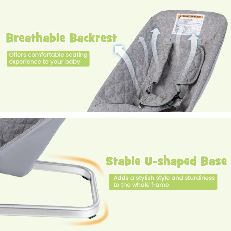 Gray baby bouncer seat backrest with airflow design and sturdy U-shaped metal base